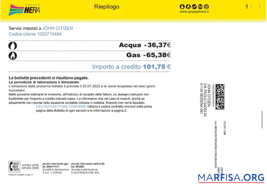 Printable Italy Gruppo Hera utility bill, Word and PDF template